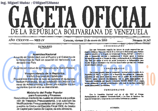 Gaceta Oficial 39347 del 15 Enero 2010
