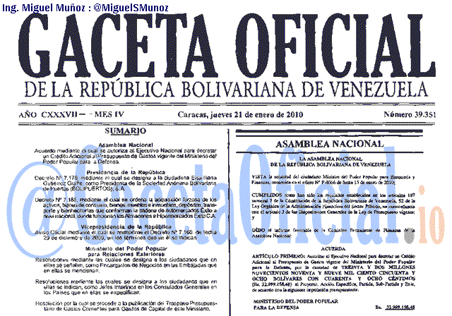 Gaceta Oficial 39351 del 21 Enero 2010