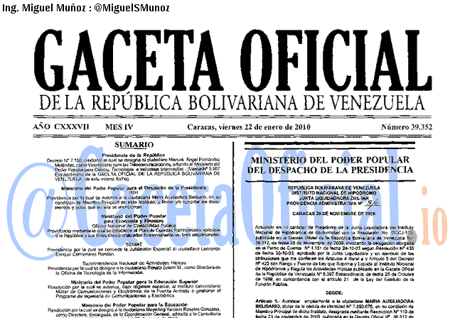Gaceta Oficial 39352 del 22 Enero 2010