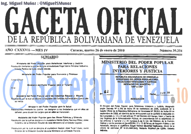 Gaceta Oficial 39354 del 26 Enero 2010