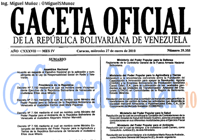 Gaceta Oficial 39355 del 27 Enero 2010