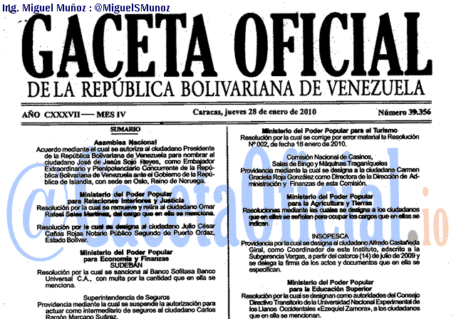 Gaceta Oficial 39356 del 28 Enero 2010
