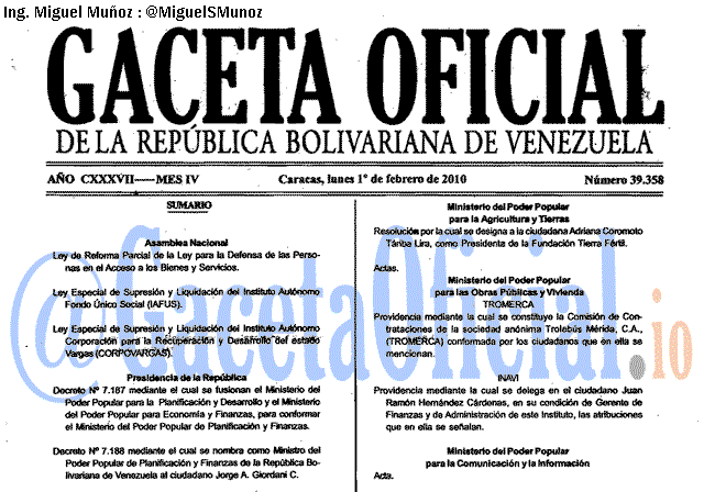 Gaceta Oficial 39358 del 1 Febrero 2010