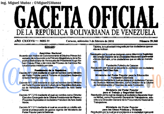 Gaceta Oficial 39360 del 3 Febrero 2010
