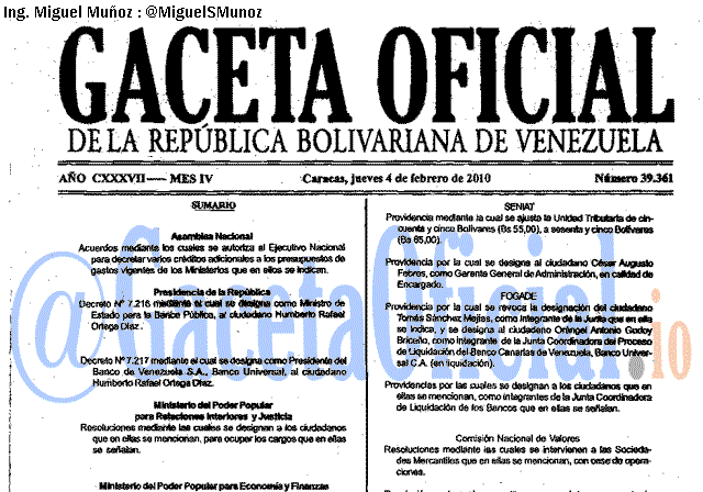 Gaceta Oficial 39361 del 4 Febrero 2010