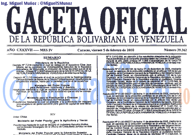 Gaceta Oficial 39362 del 5 Febrero 2010
