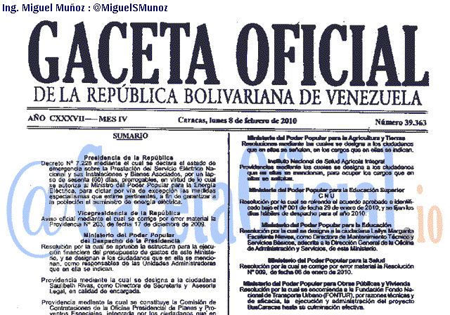 Gaceta Oficial 39363 del 8 Febrero 2010