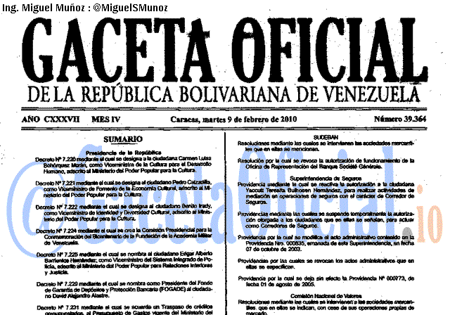 Gaceta Oficial 39364 del 9 Febrero 2010