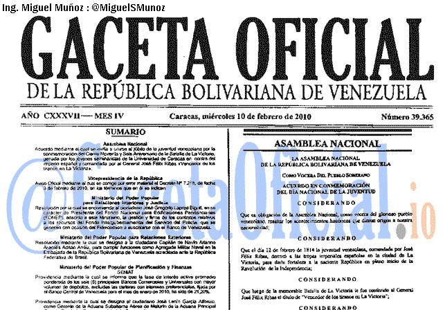 Gaceta Oficial 39365 del 10 Febrero 2010