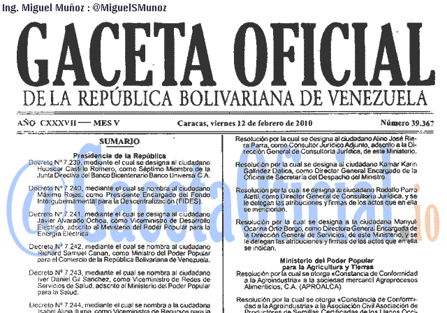 Gaceta Oficial 39367 del 12 Febrero 2010