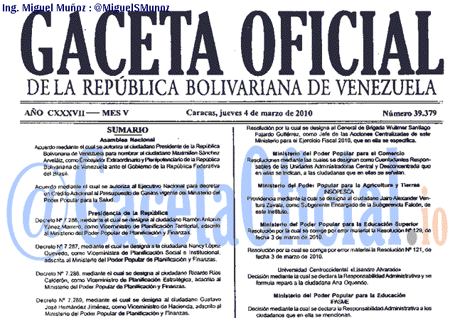 Gaceta Oficial 39379 del 4 Marzo 2010