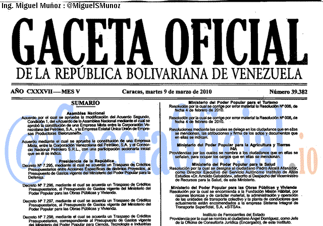 Gaceta Oficial 39382 del 9 Marzo 2010