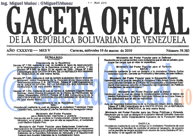 Gaceta Oficial 39383 del 10 Marzo 2010
