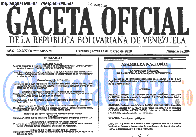 Gaceta Oficial 39384 del 11 Marzo 2010
