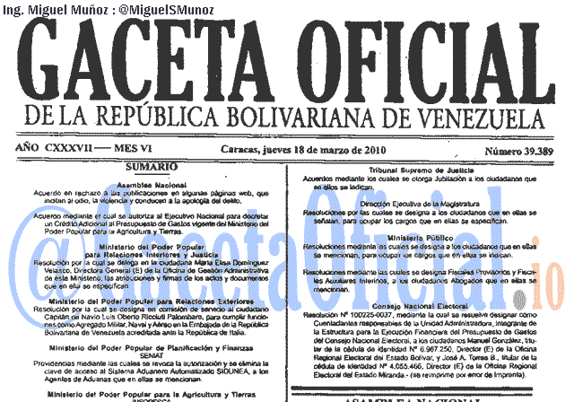 Gaceta Oficial 39389 del 18 Marzo 2010