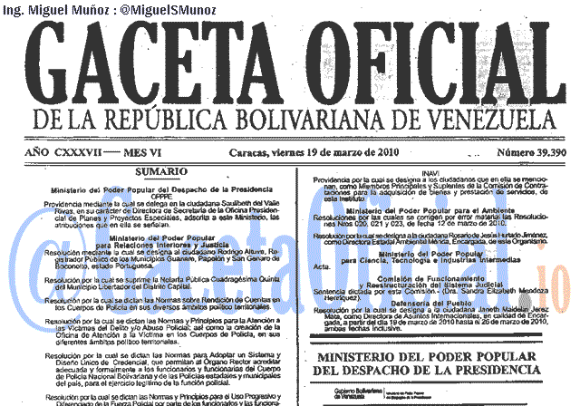 Gaceta Oficial 39390 del 19 Marzo 2010