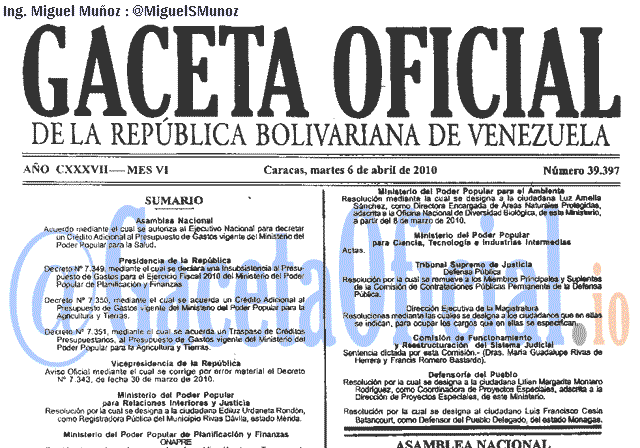 Gaceta Oficial 39397 del 6 Abril 2010
