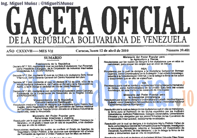 Gaceta Oficial 39401 del 12 Abril 2010