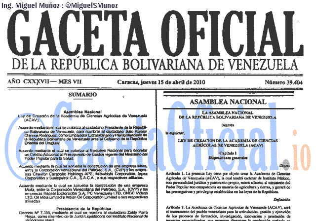Gaceta Oficial 39404 del 15 Abril 2010