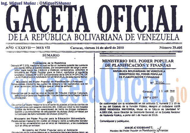 Gaceta Oficial 39405 del 16 Abril 2010