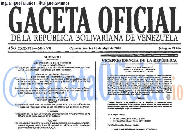 Gaceta Oficial 39406 del 20 Abril 2010