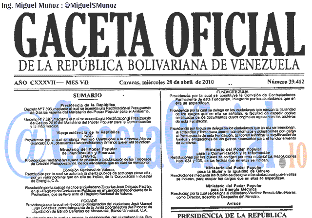 Gaceta Oficial 39412 del 28 Abril 2010