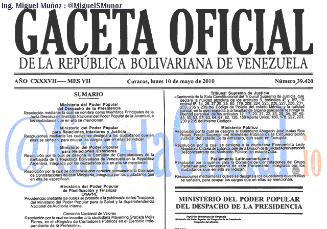 Gaceta Oficial 39420 del 10 Mayo 2010