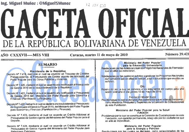 Gaceta Oficial 39421 del 11 Mayo 2010