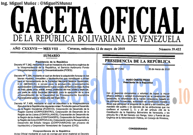 Gaceta Oficial 39422 del 12 Mayo 2010