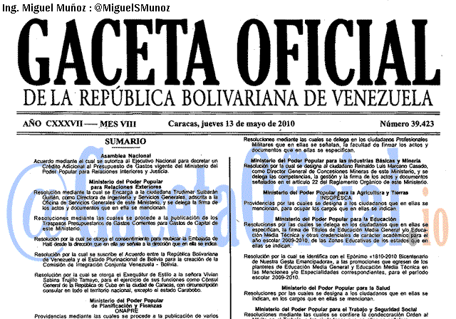 Gaceta Oficial 39423 del 13 Mayo 2010