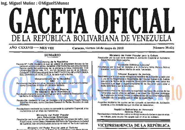 Gaceta Oficial 39424 del 14 Mayo 2010