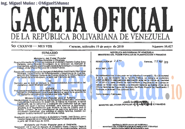 Gaceta Oficial 39427 del 19 Mayo 2010