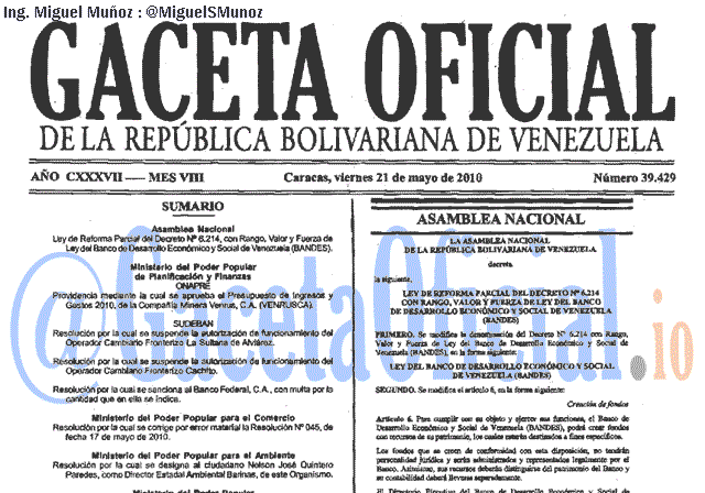 Gaceta Oficial 39429 del 21 Mayo 2010