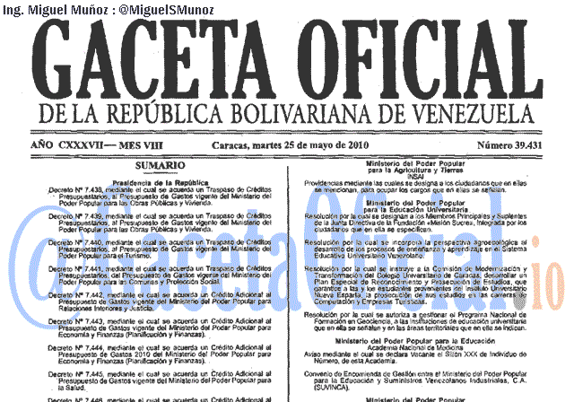 Gaceta Oficial 39431 del 25 Mayo 2010