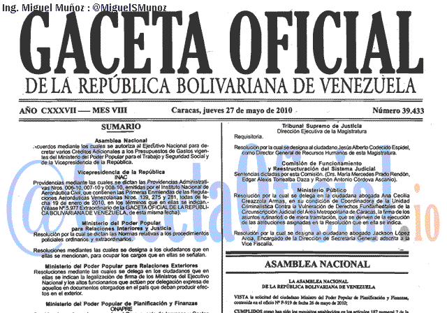Gaceta Oficial 39433 del 27 Mayo 2010