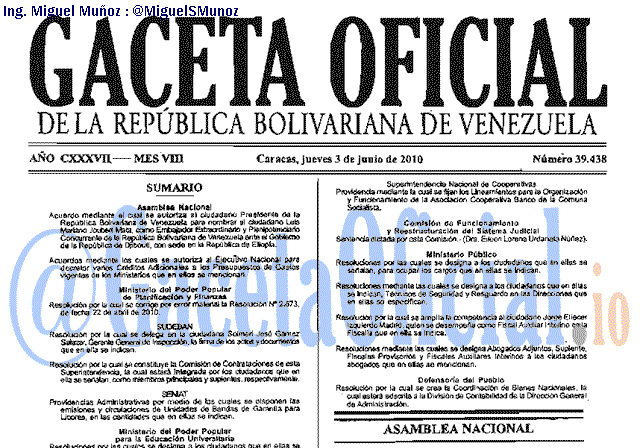 Gaceta Oficial 39438 del 3 Junio 2010