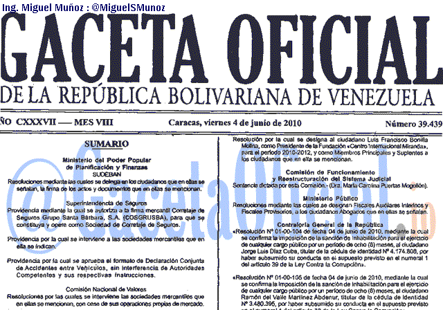 Gaceta Oficial 39439 del 4 Junio 2010
