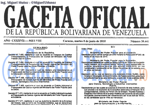 Gaceta Oficial 39441 del 8 Junio 2010