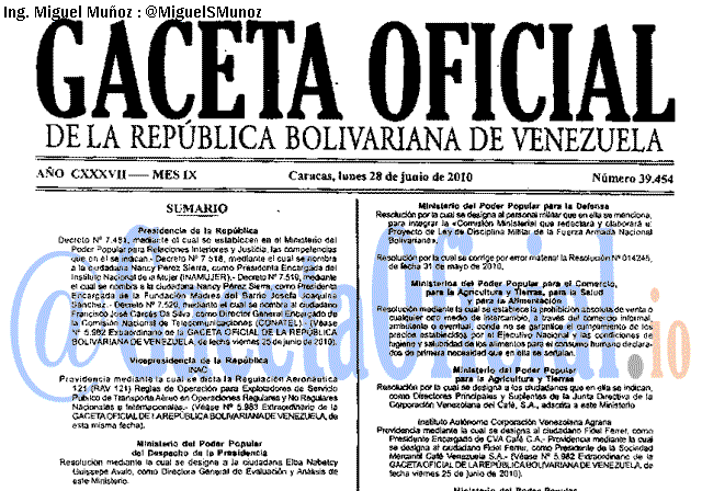 Gaceta Oficial 39454 del 28 Junio 2010