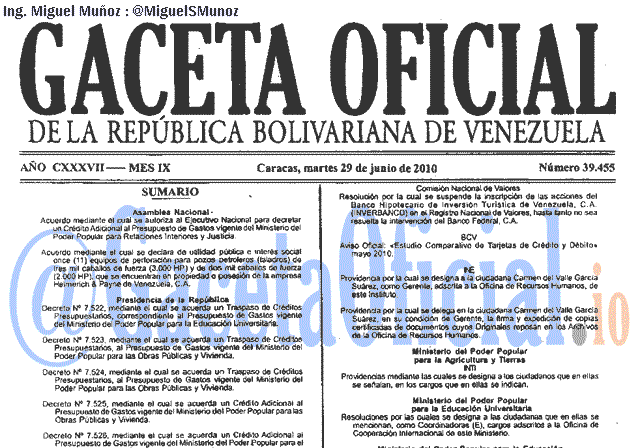 Gaceta Oficial 39455 del 29 Junio 2010
