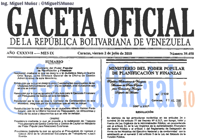 Gaceta Oficial 39458 del 2 Julio 2010