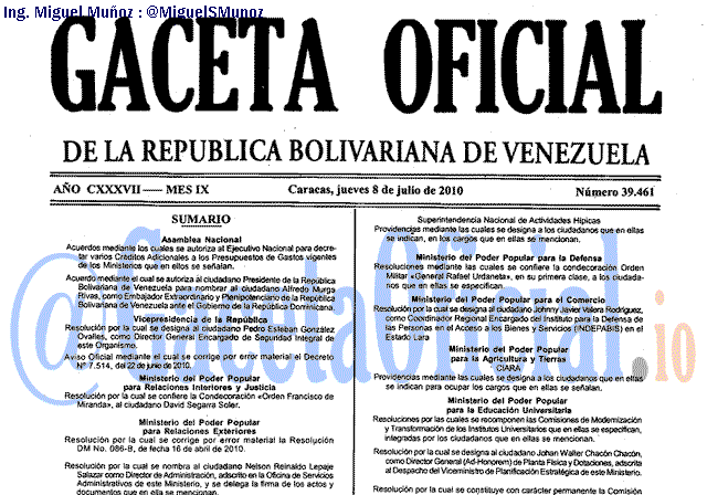 Gaceta Oficial 39461 del 8 Julio 2010