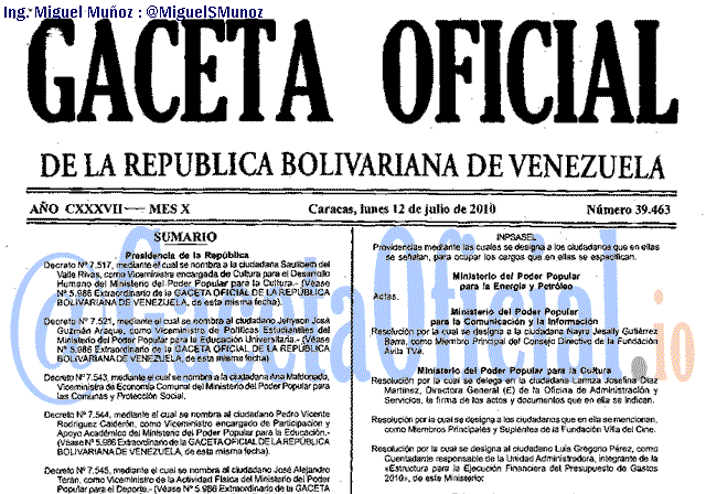 Gaceta Oficial 39463 del 12 Julio 2010