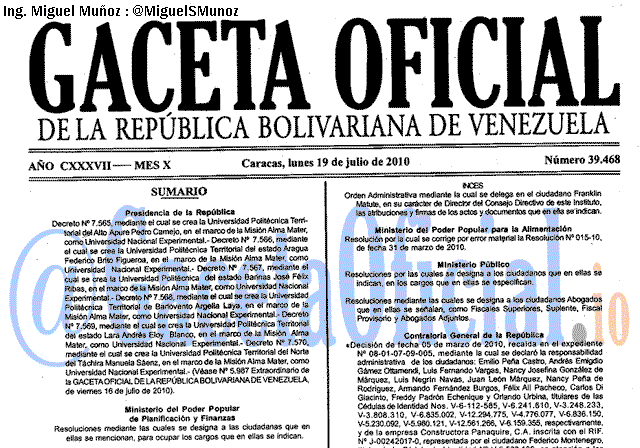 Gaceta Oficial 39468 del 19 Julio 2010