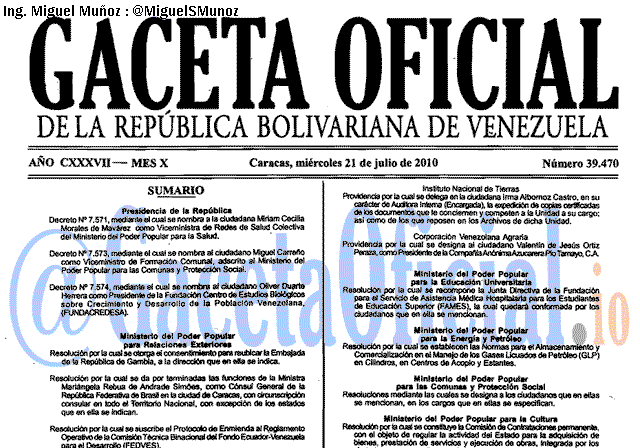 Gaceta Oficial 39470 del 21 Julio 2010