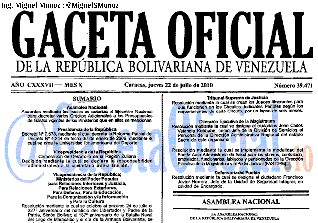 Gaceta Oficial 39471 del 22 Julio 2010