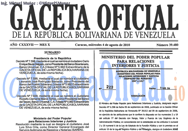 Gaceta Oficial 39480 del 4 Agosto 2010