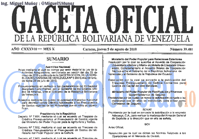 Gaceta Oficial 39481 del 5 Agosto 2010