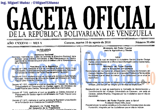 Gaceta Oficial 39484 del 10 Agosto 2010