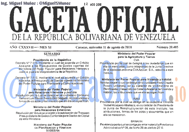 Gaceta Oficial 39485 del 11 Agosto 2010